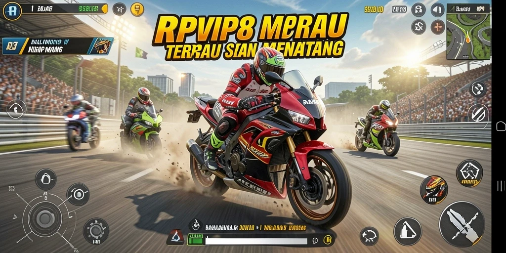 Tampak serunya gameplay balap motor RPVIP8 saat berkompetisi di lintasan.