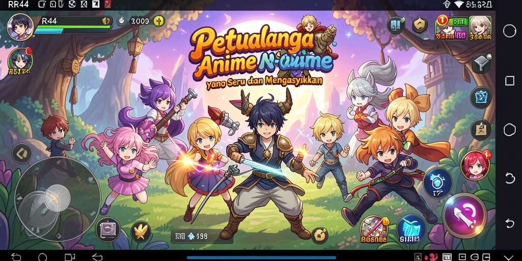 Screenshot gameplay RR44 menunjukkan karakter anime dalam aksi melawan musuh.